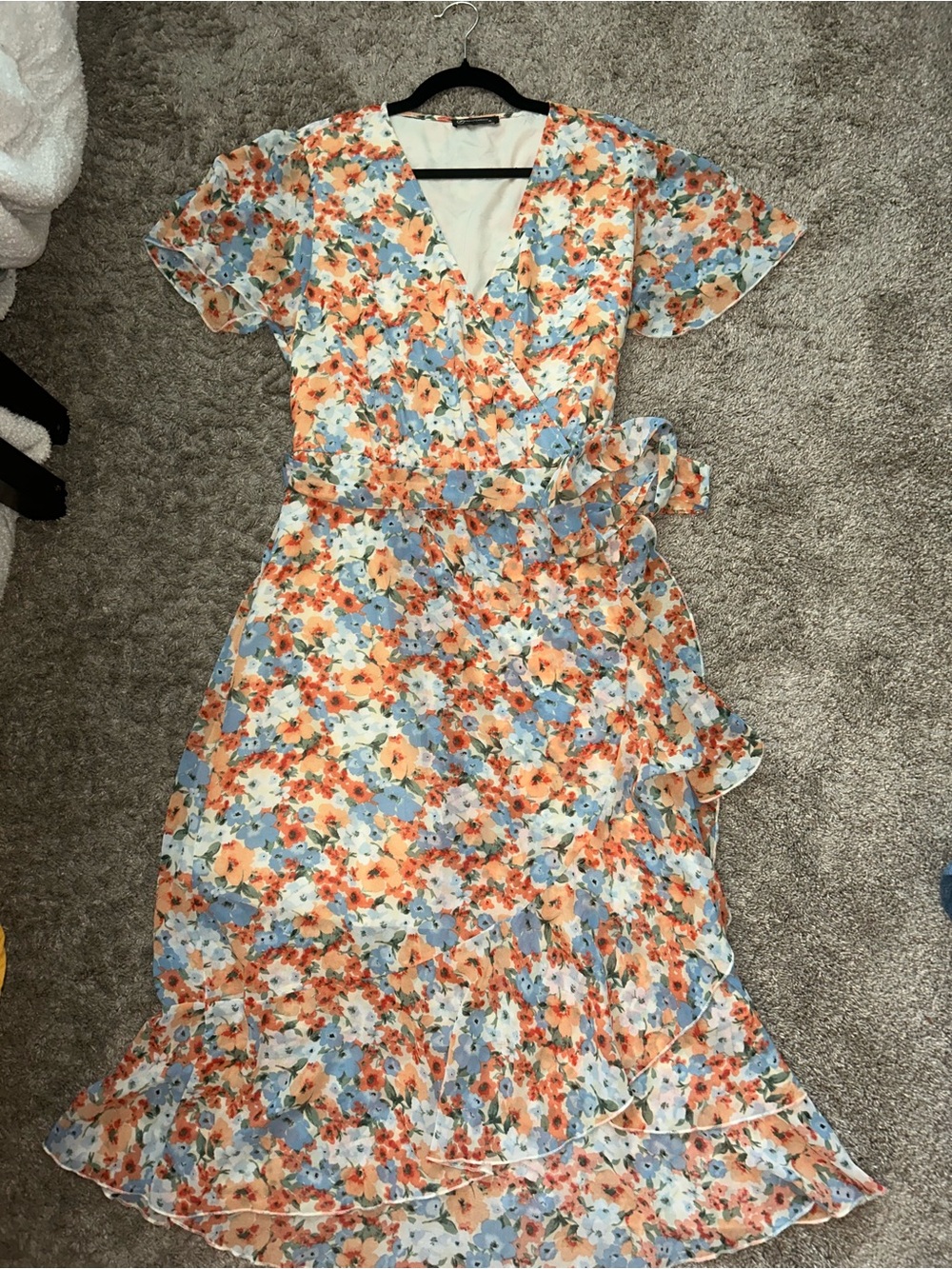 PrettyGarden Floral Wrap Midi Dress in Orange & Blue